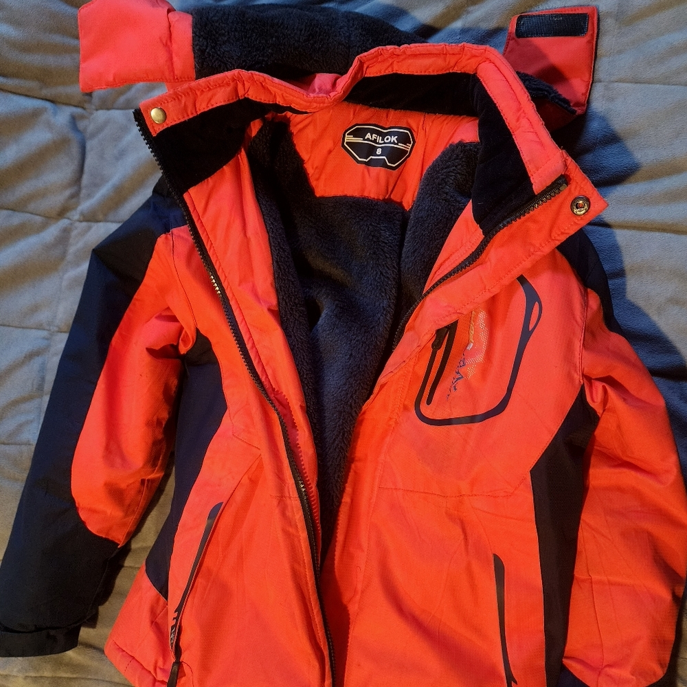 AFILOK Boy's Ski Jacket Waterproof Breathable Kids Fleece Lined Windproof Hooded